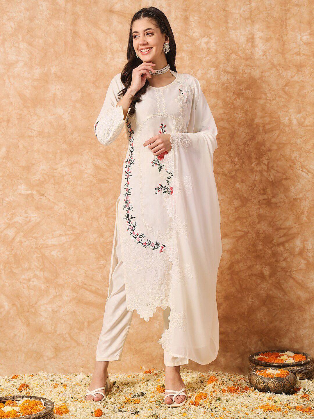 navlik floral embroidered straight kurta with trousers & dupatta