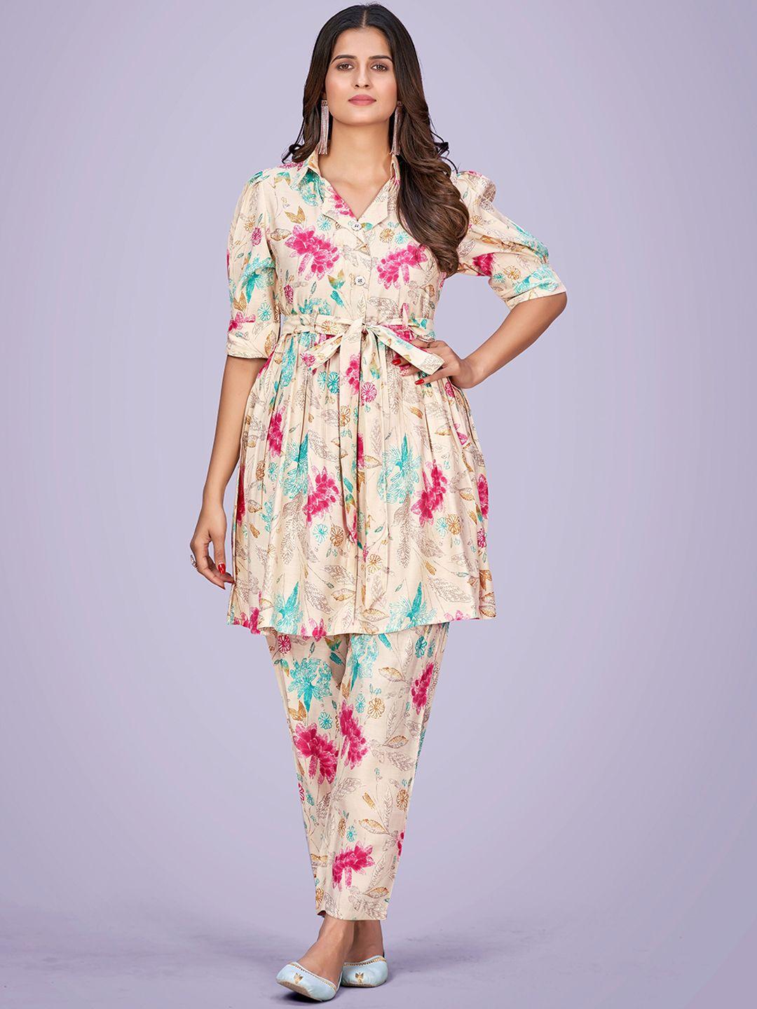 navlik floral printed belted detail a-line kurta with trousers