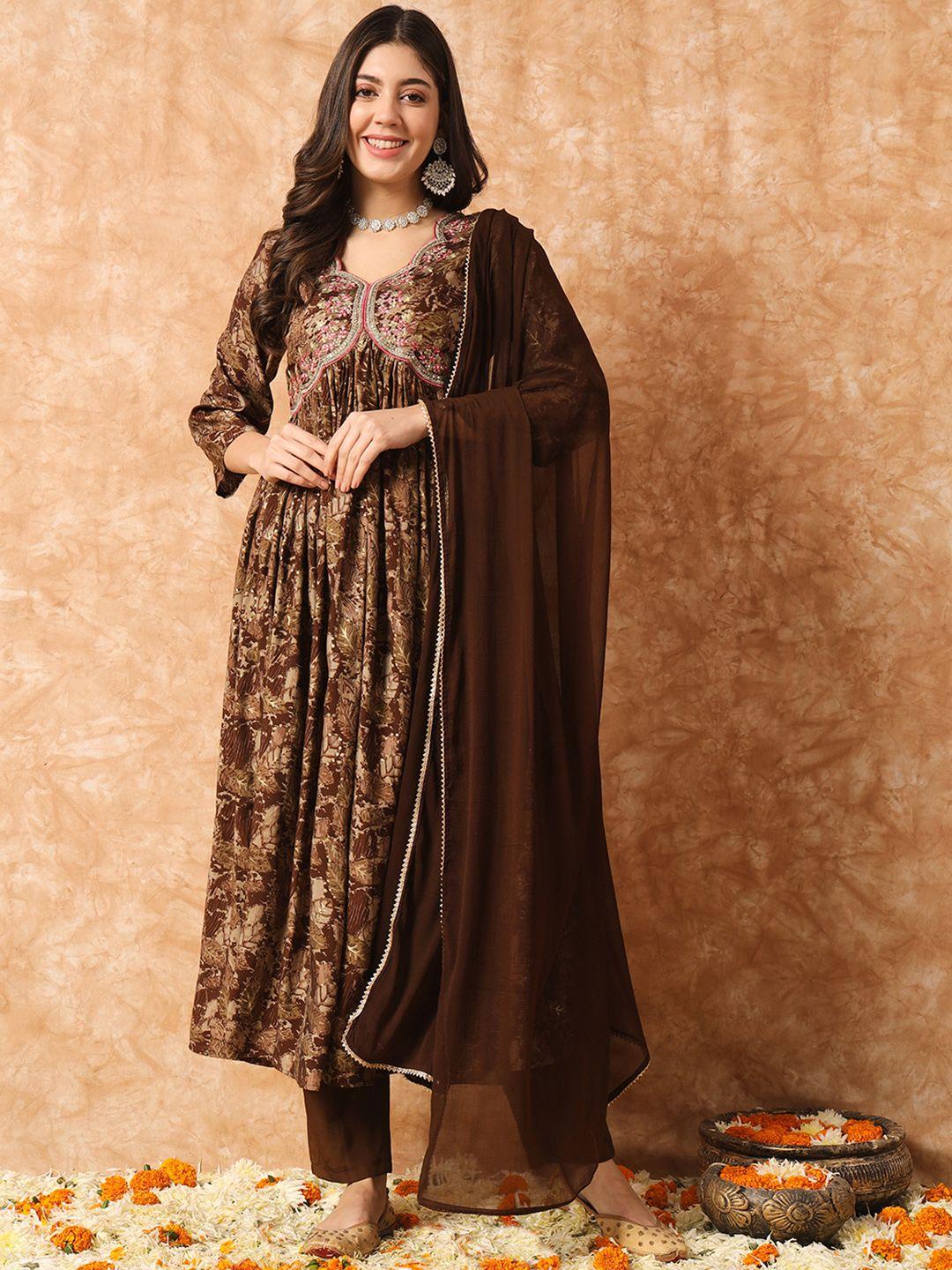 navlik floral printed empire thread work kurta with trousers & with dupatta