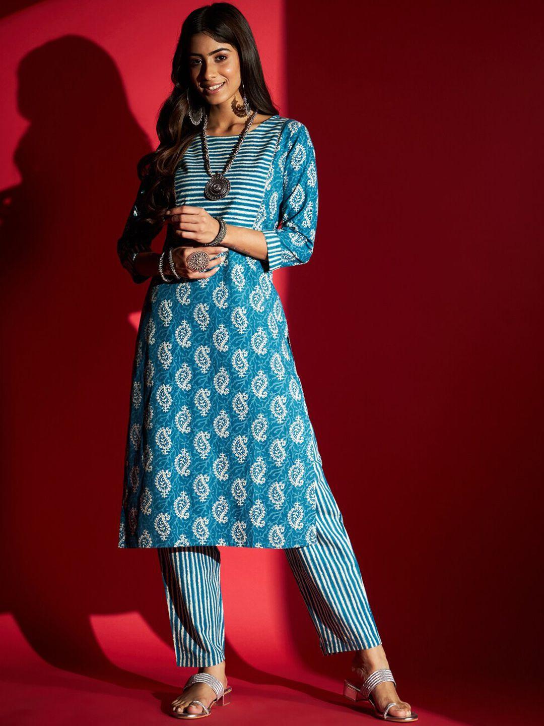 navlik women blue paisley printed regular pure cotton kurta with trousers