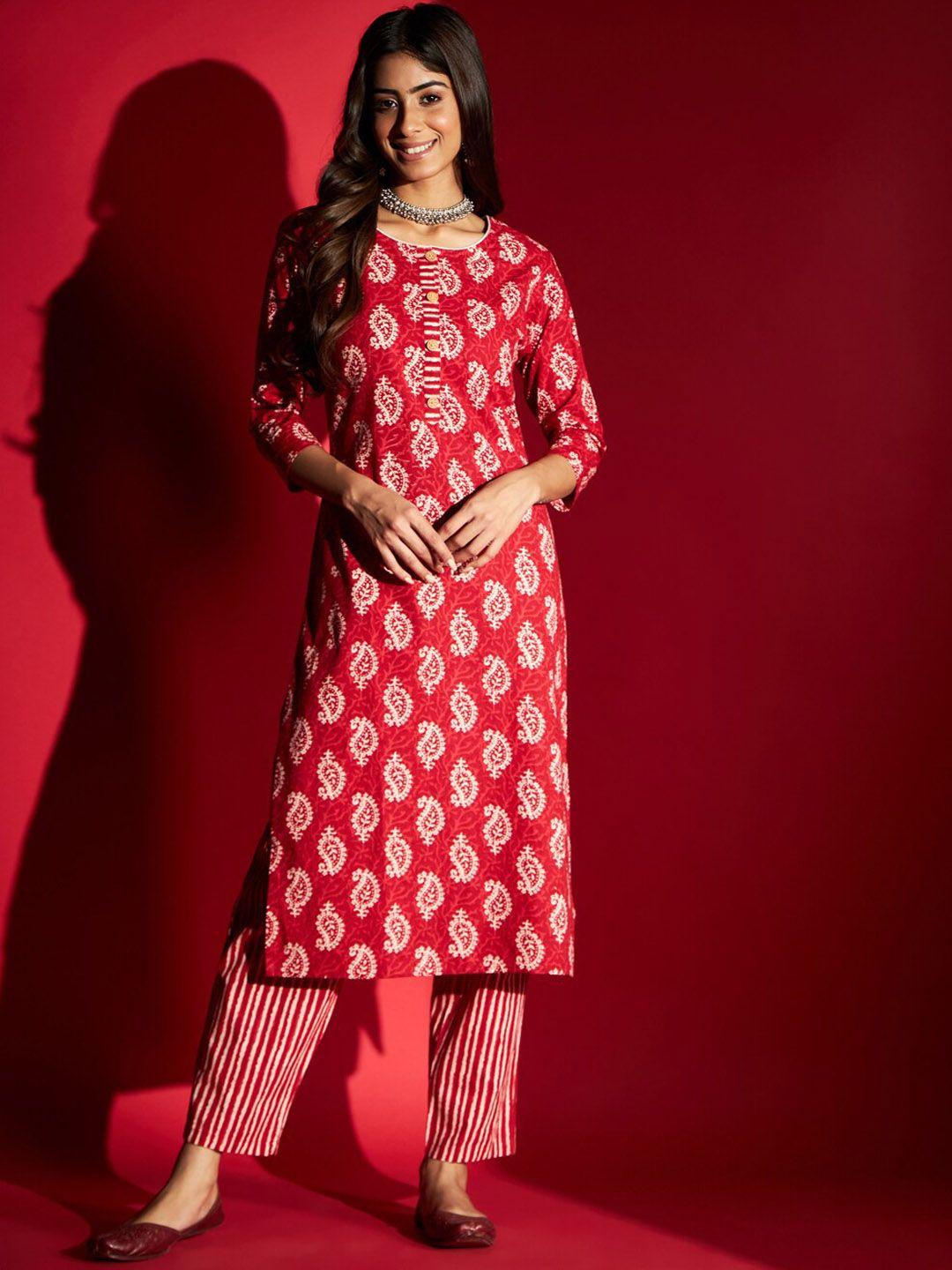 navlik women red paisley printed regular pure cotton kurta with trousers