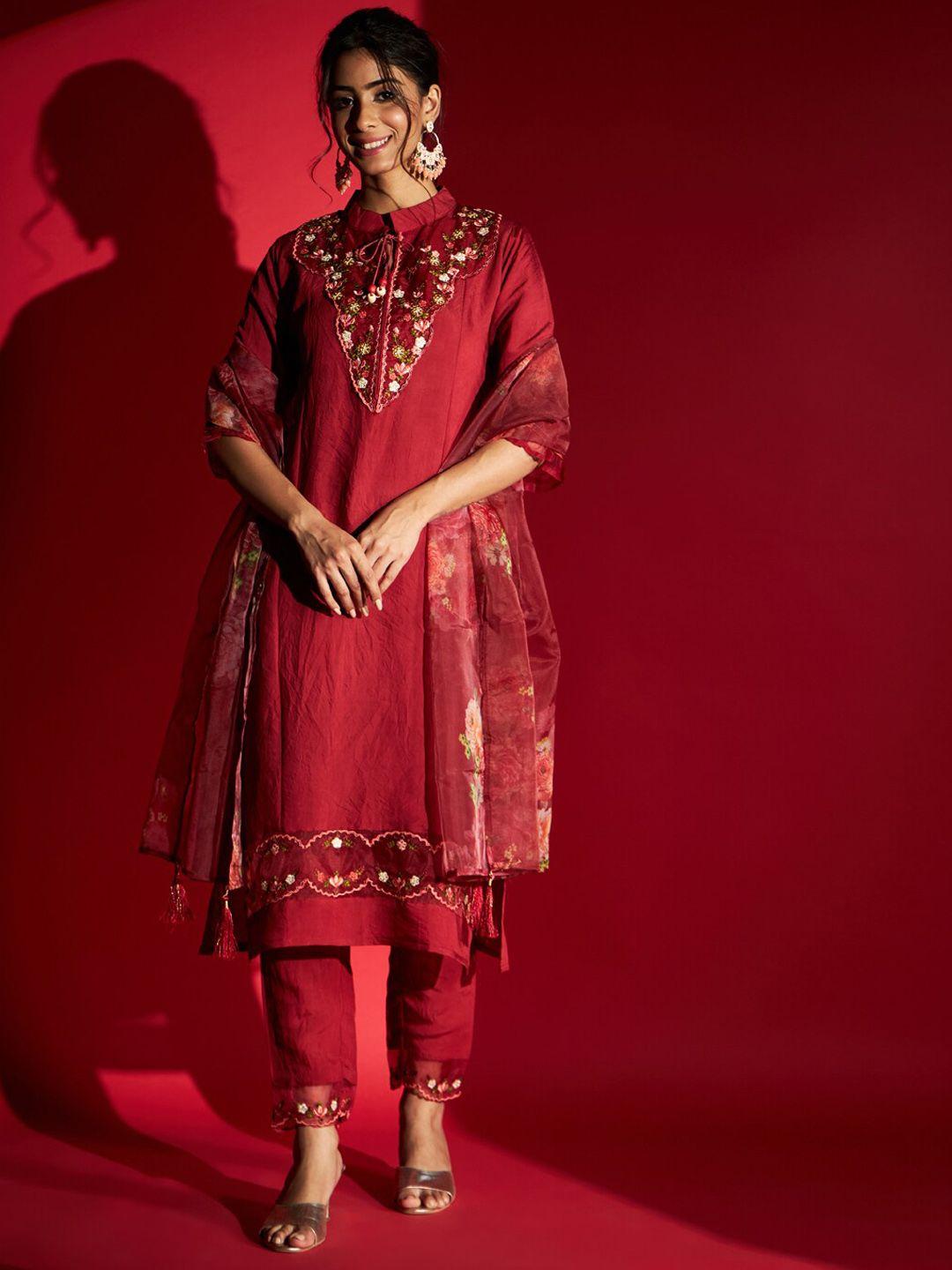 navlik women rust floral embroidered regular chanderi silk kurta with trousers & with dupatta
