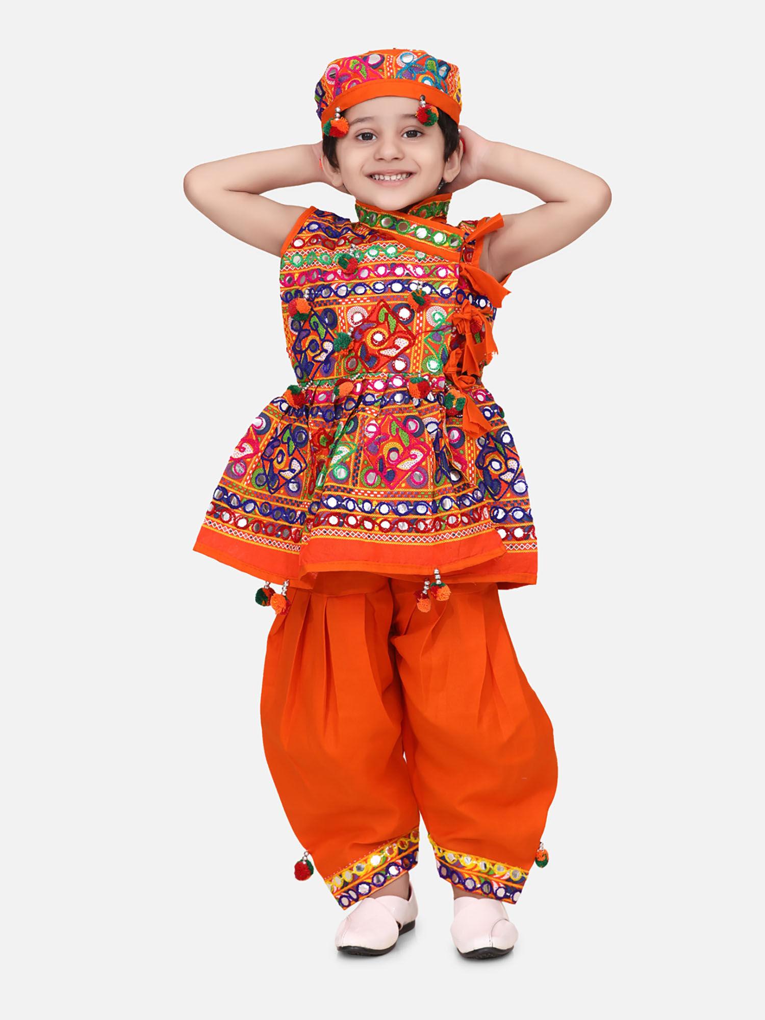 navratri embroidered kediya with dhoti & cap for boys orange (set of 3)