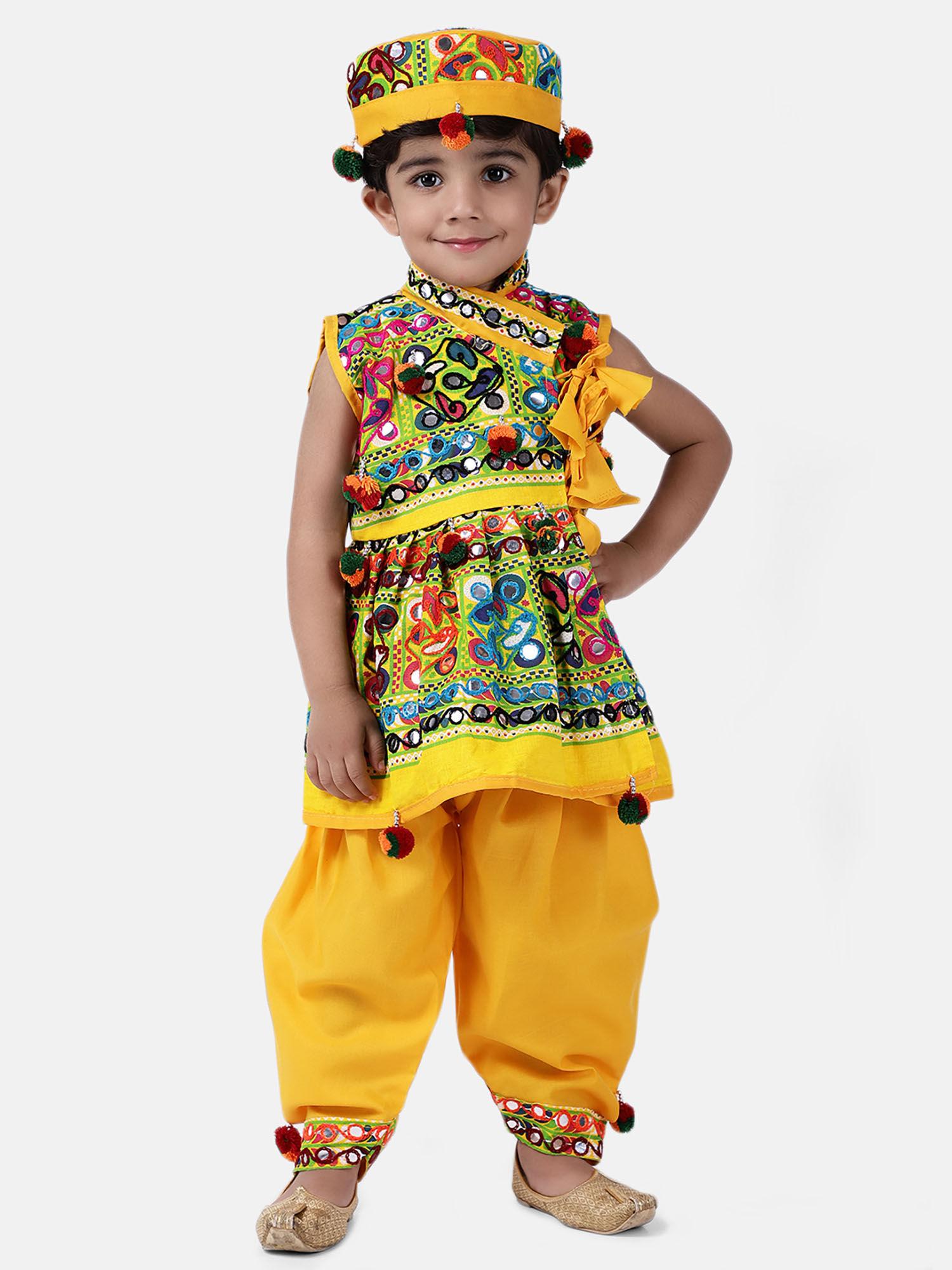 navratri embroidered kediya with dhoti & cap for boys yellow (set of 3)