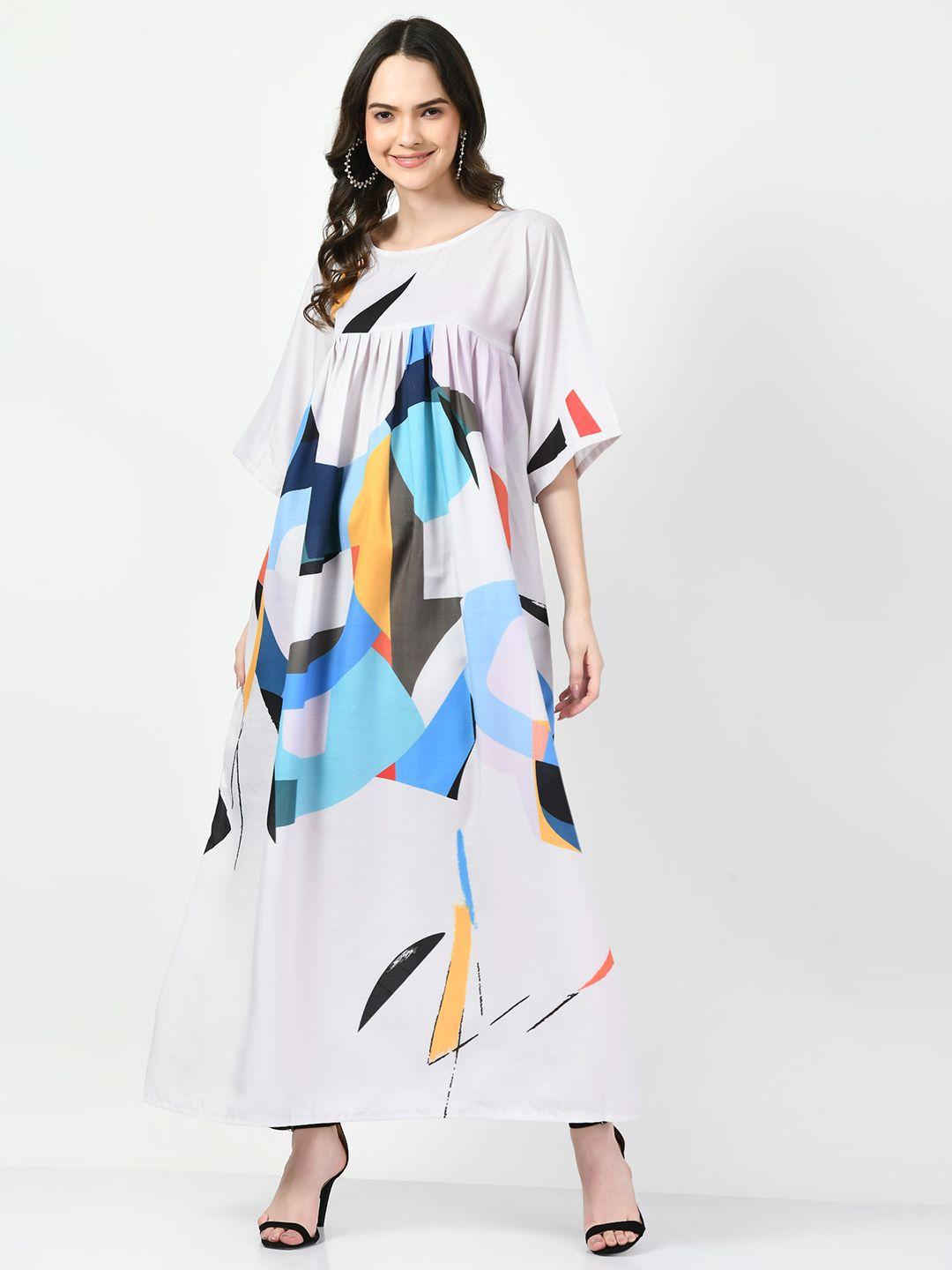 navvi abstract printed flared sleeves gathered cotton maxi dress
