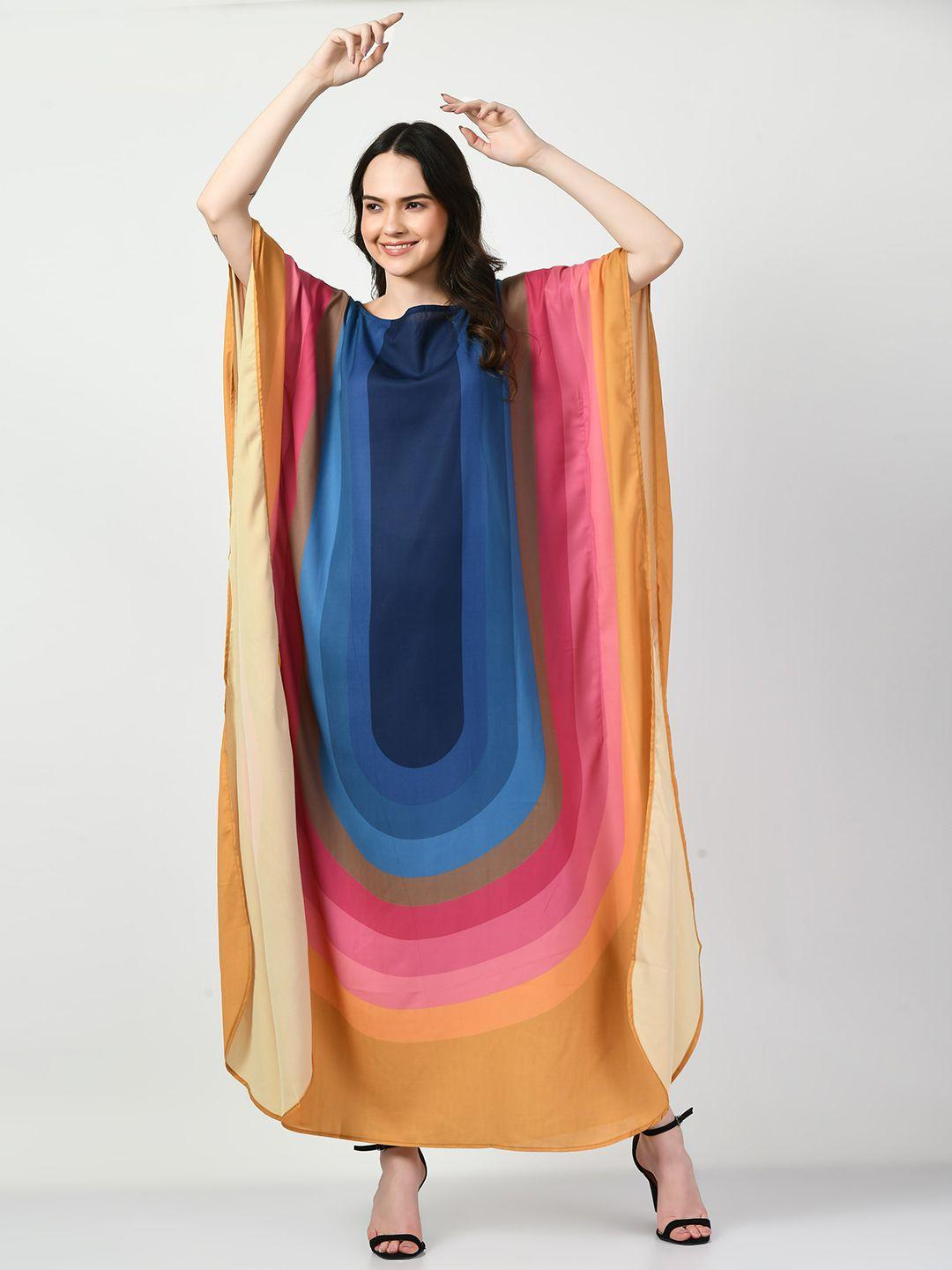 navvi colourblocked printed kimono sleeves satin kaftan maxi dress