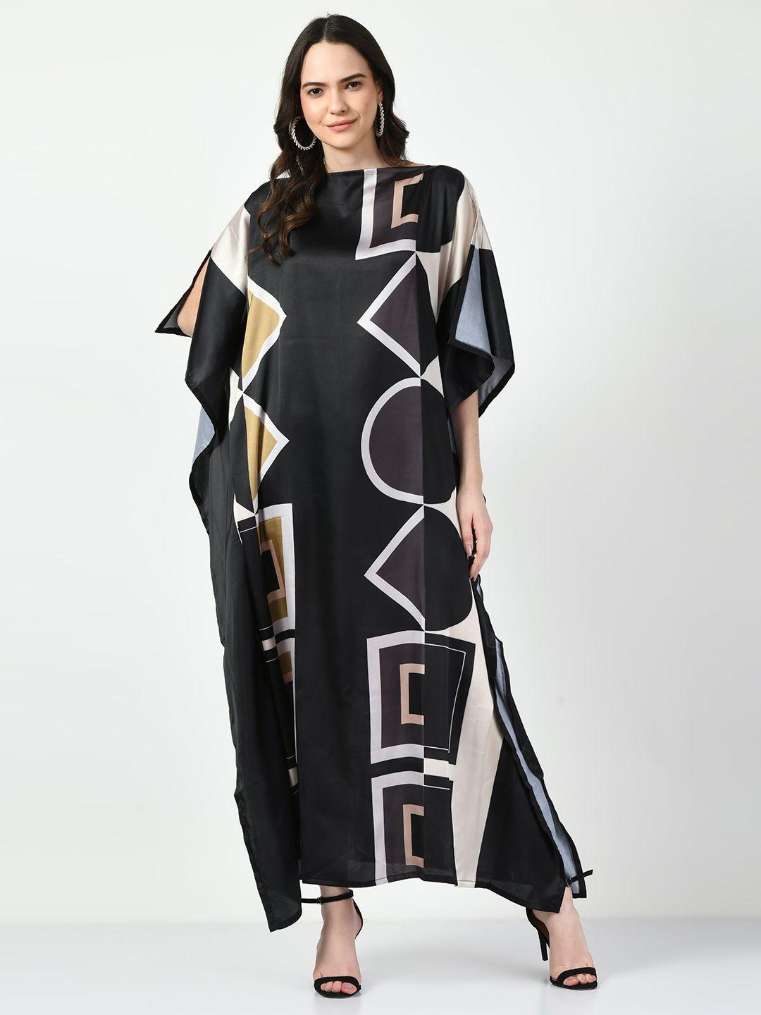 navvi geometric printed high neck extended sleeves satin kaftan maxi dress