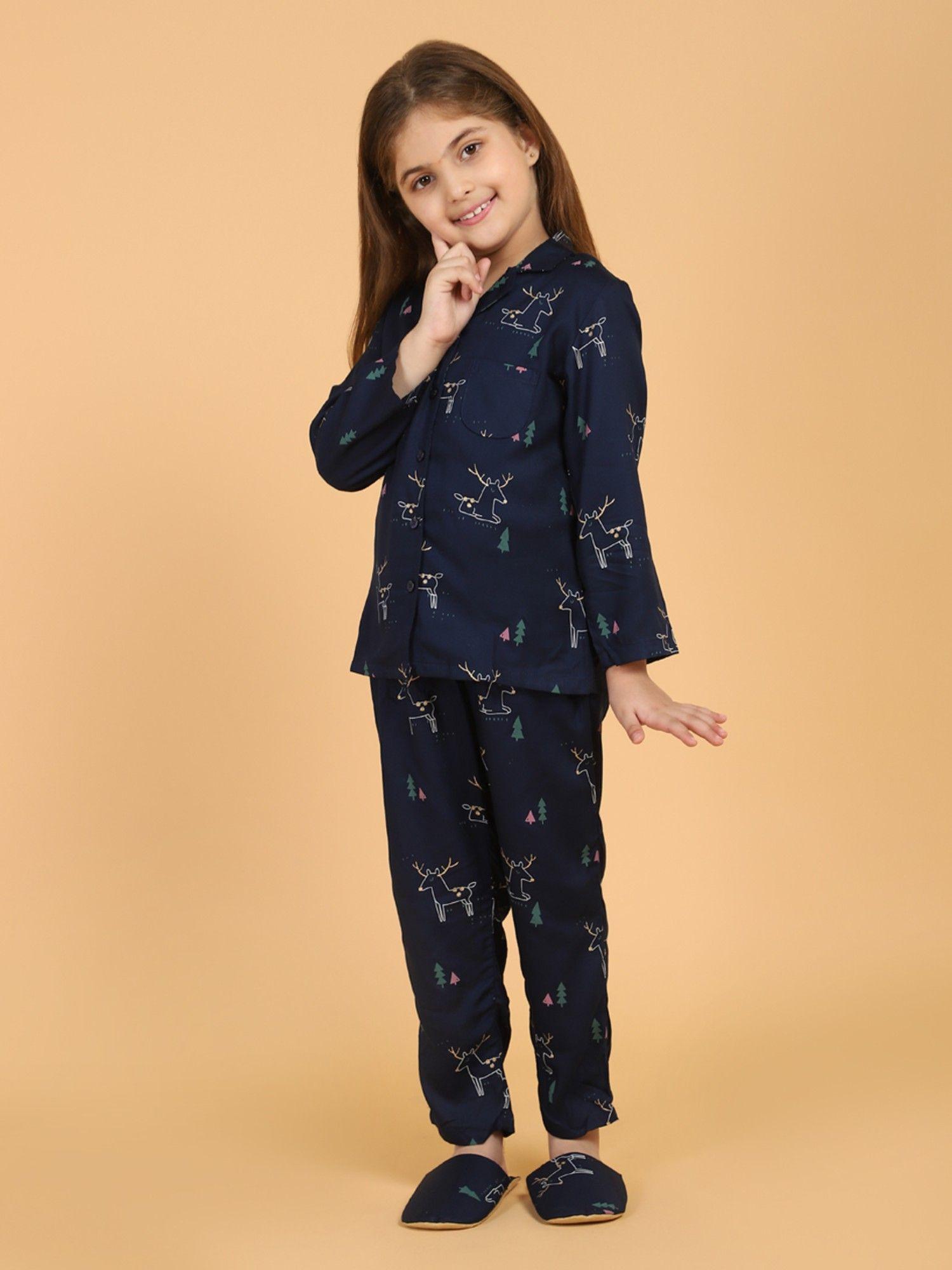 navy blue animal print shirt and pyjama set with slippers (set of 3)