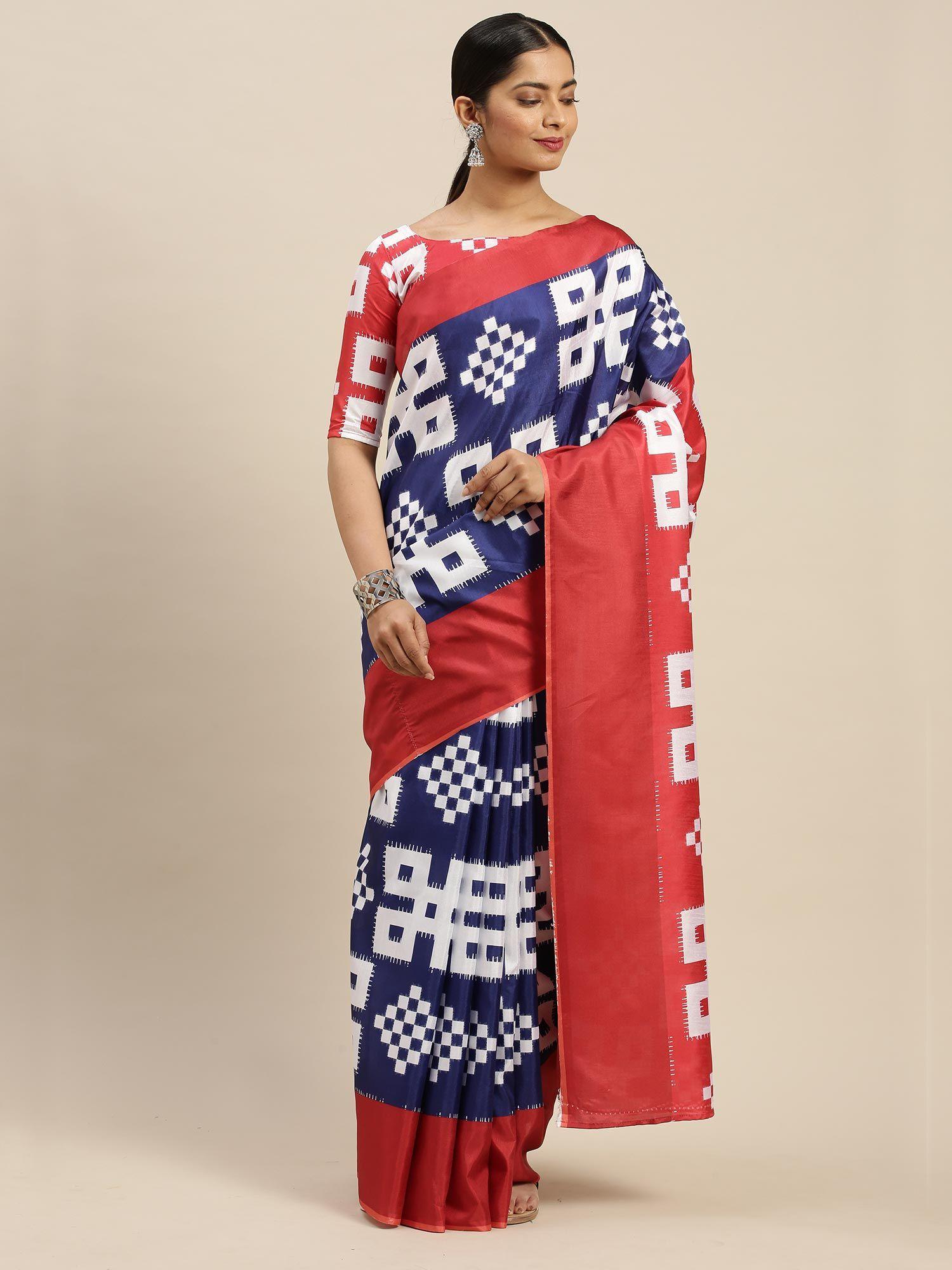 navy blue casual dola silk printed saree with unstitched blouse