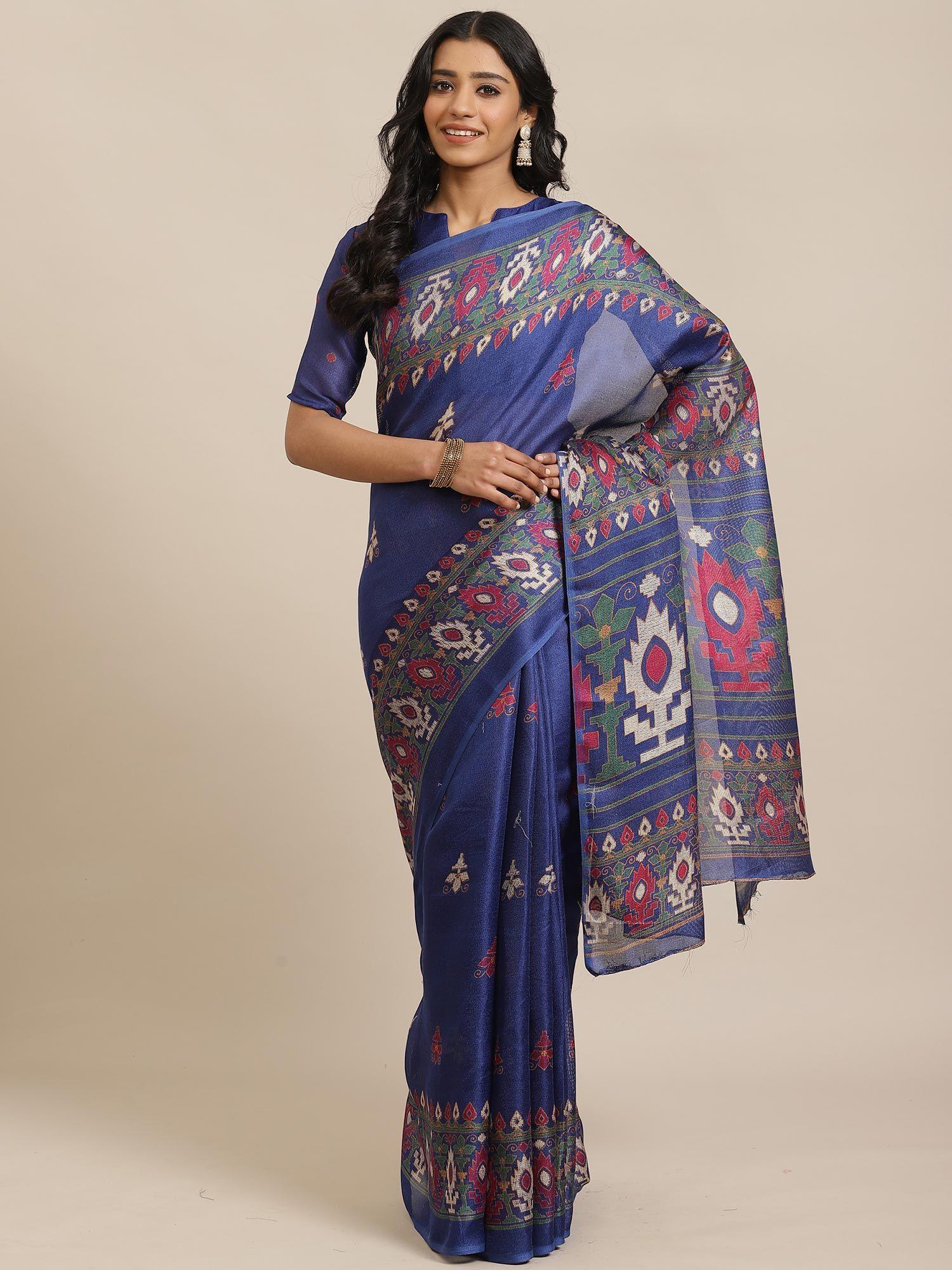 navy blue casual jutt silk printed saree with unstitched blouse