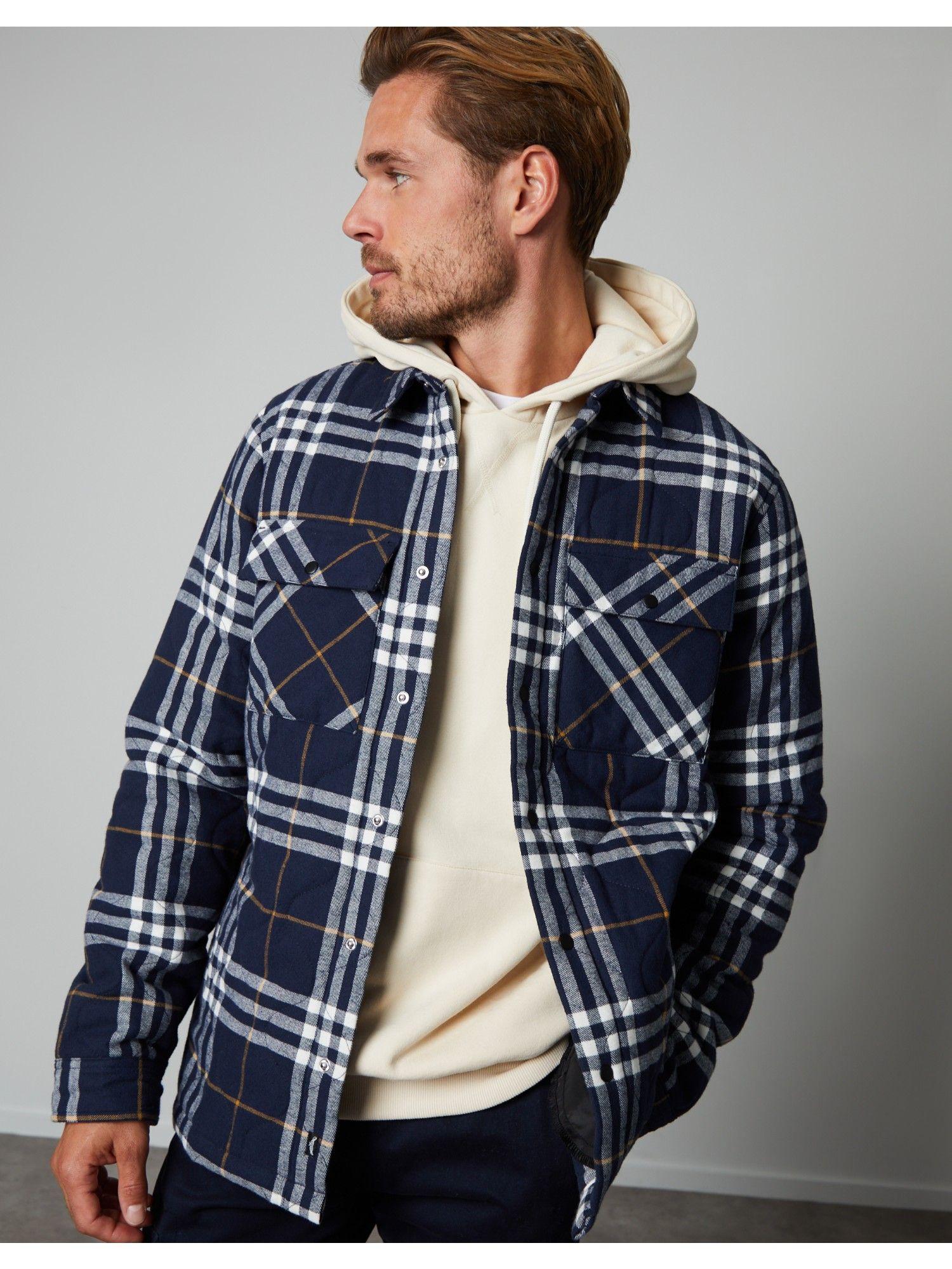 navy blue check onion quilted shirt jacket