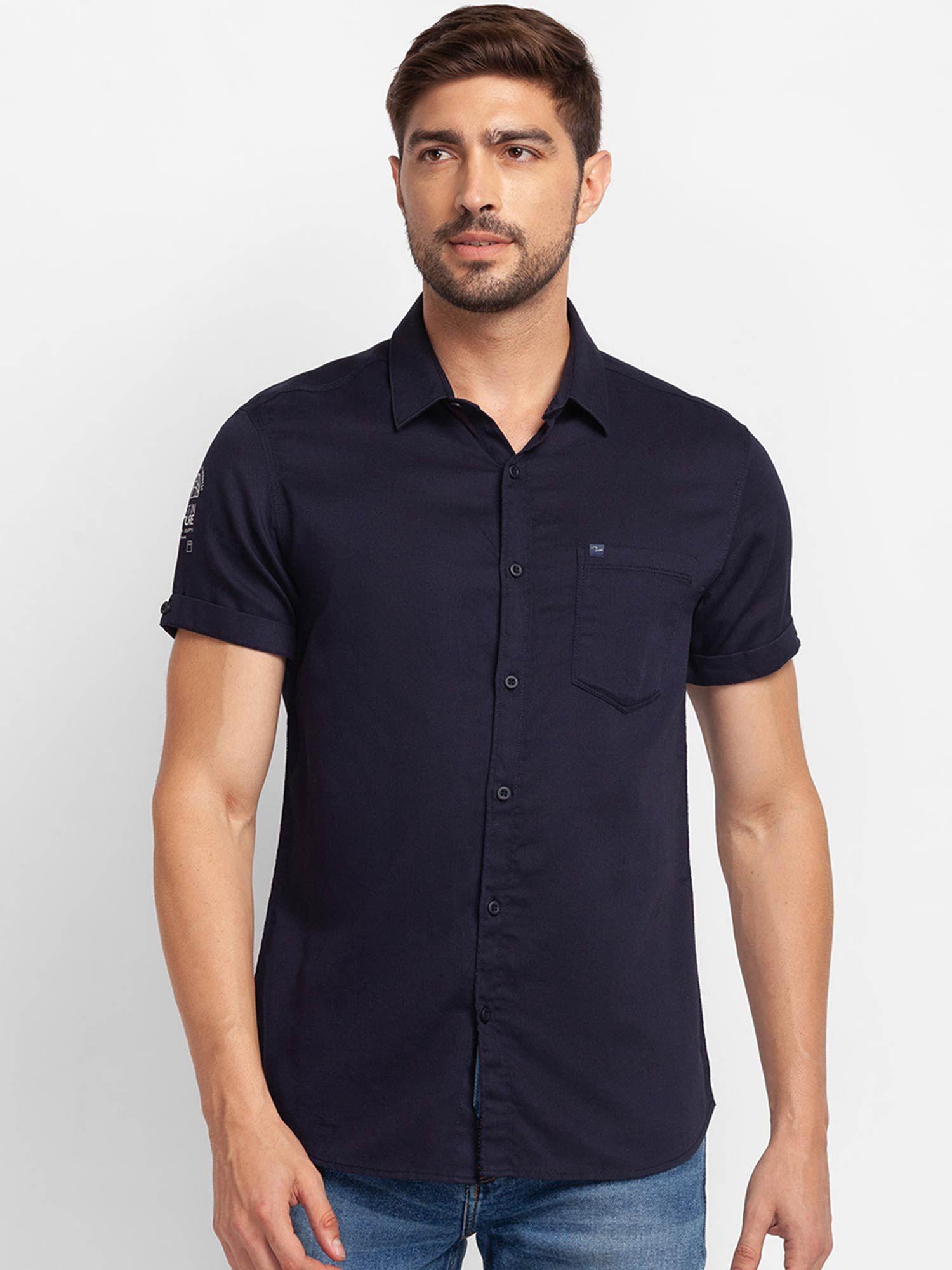 navy blue cotton half sleeve plain shirt for men