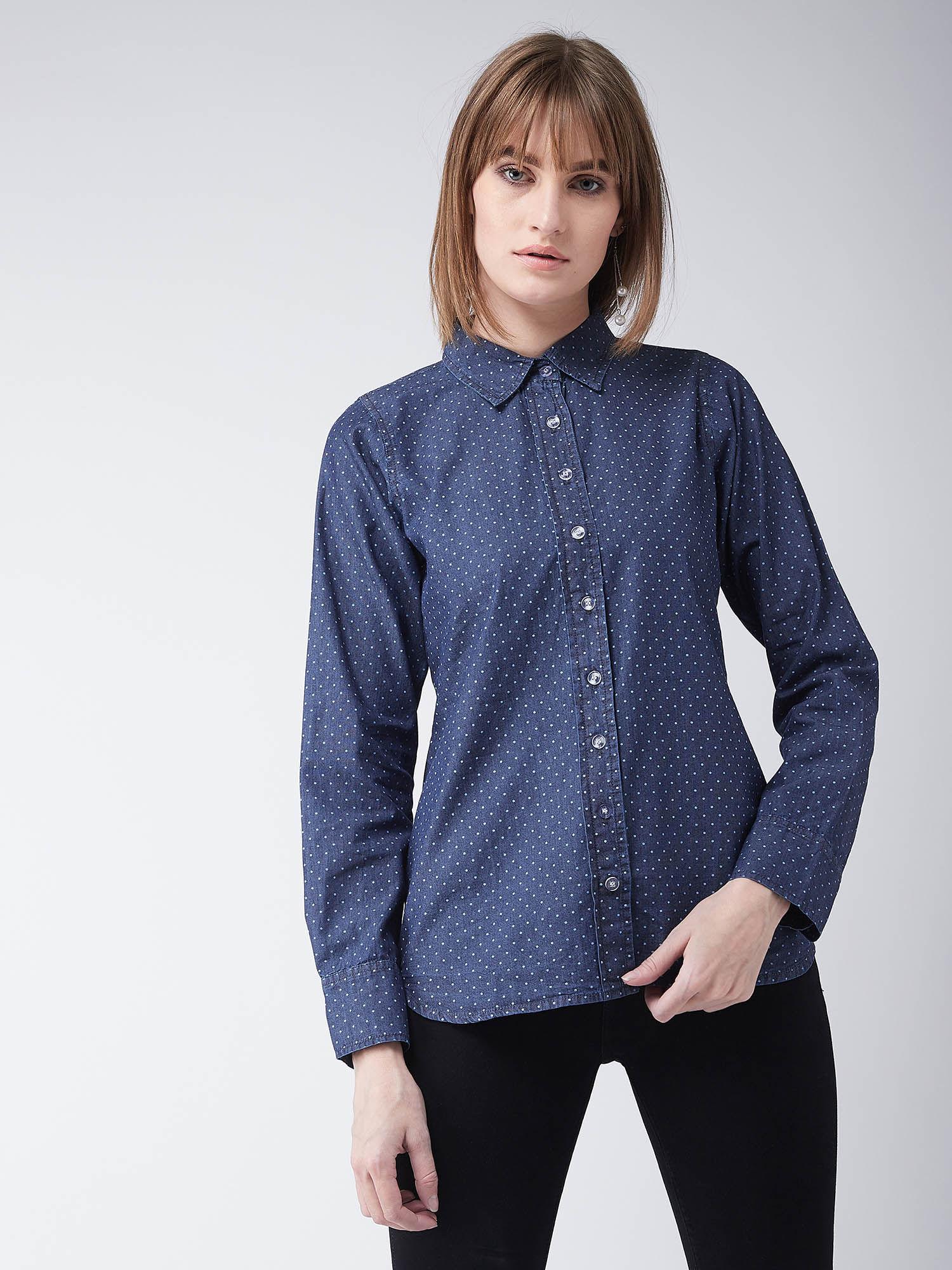 navy blue cotton polo neck denim printed shirt regular length buttoned closure shirt