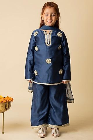 navy blue cotton silk & cotton voile kurta set for girls
