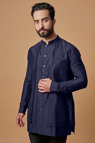 navy blue cotton silk layered shirt kurta