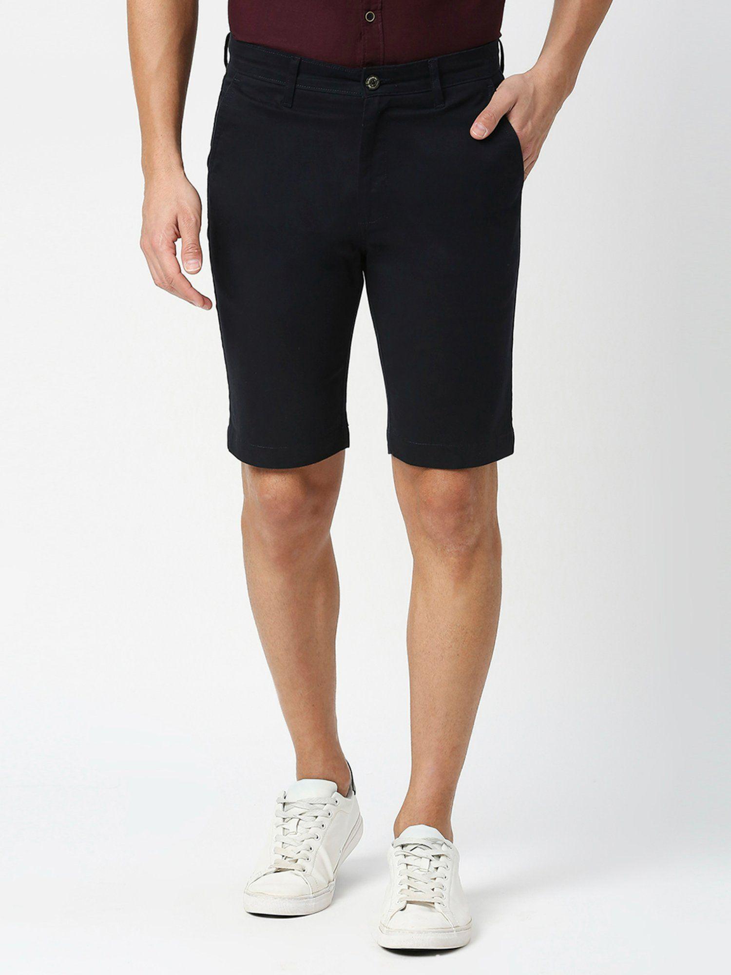 navy blue cotton stretch insert pocket shorts
