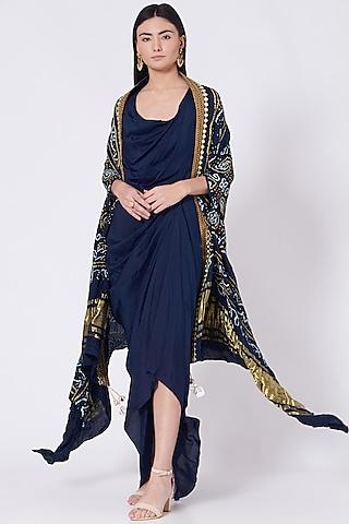 navy blue drape dress with cape
