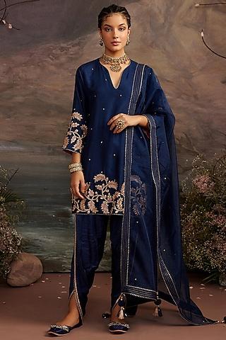 navy blue dupion silk dhoti set for girls