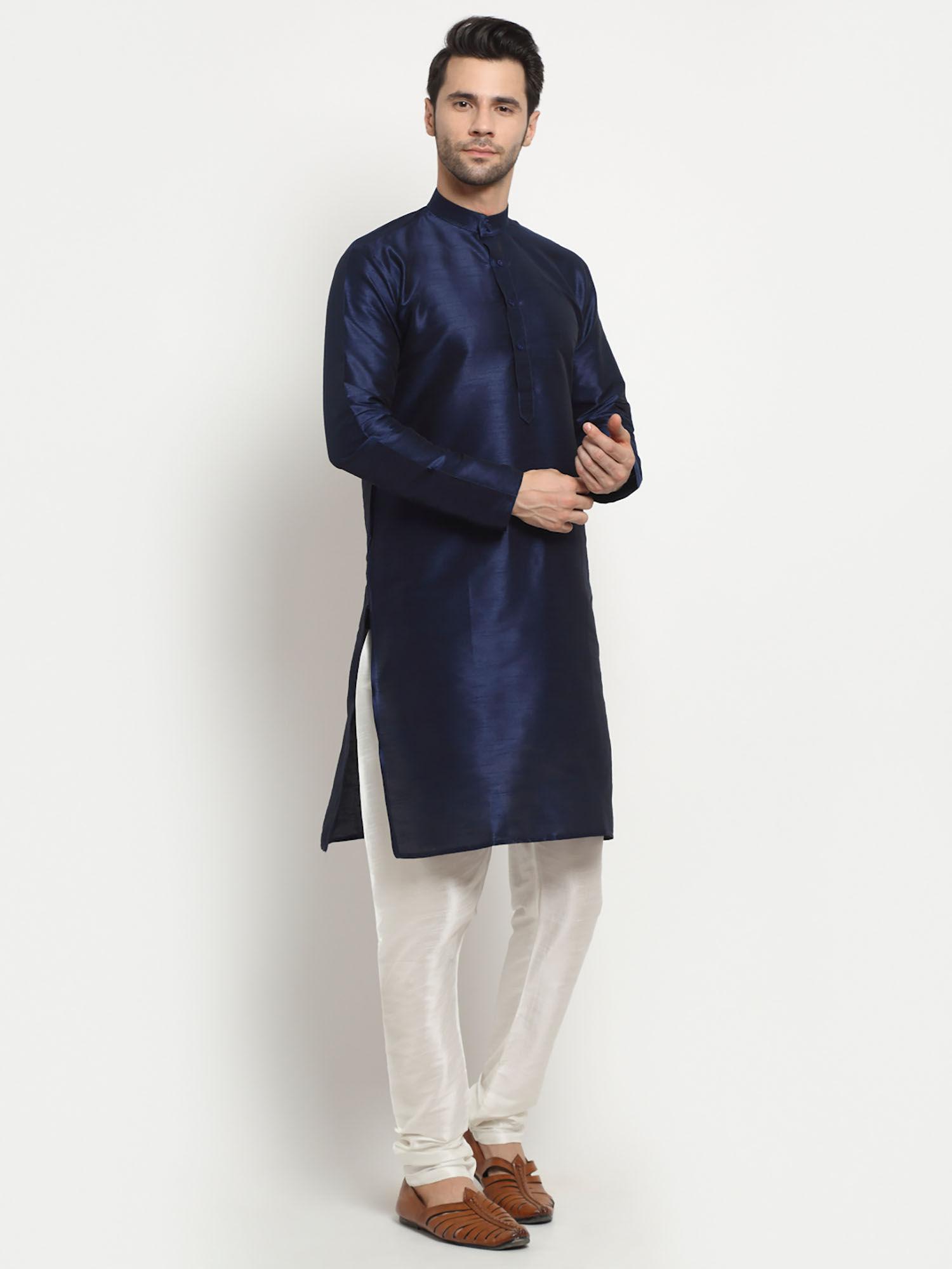 navy blue dupion silk solid long kurta pajama set for men