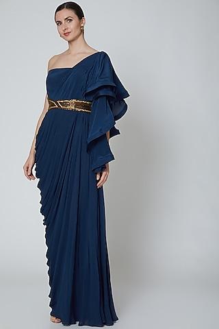 navy blue embroidered & draped saree gown