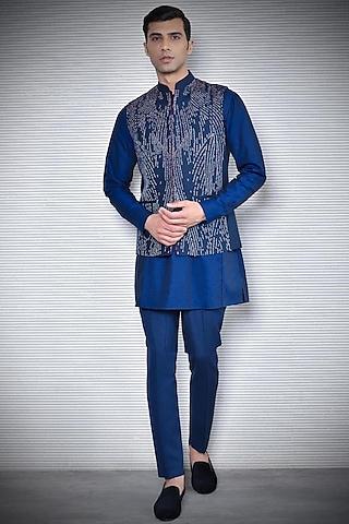 navy blue embroidered & printed waistcoat
