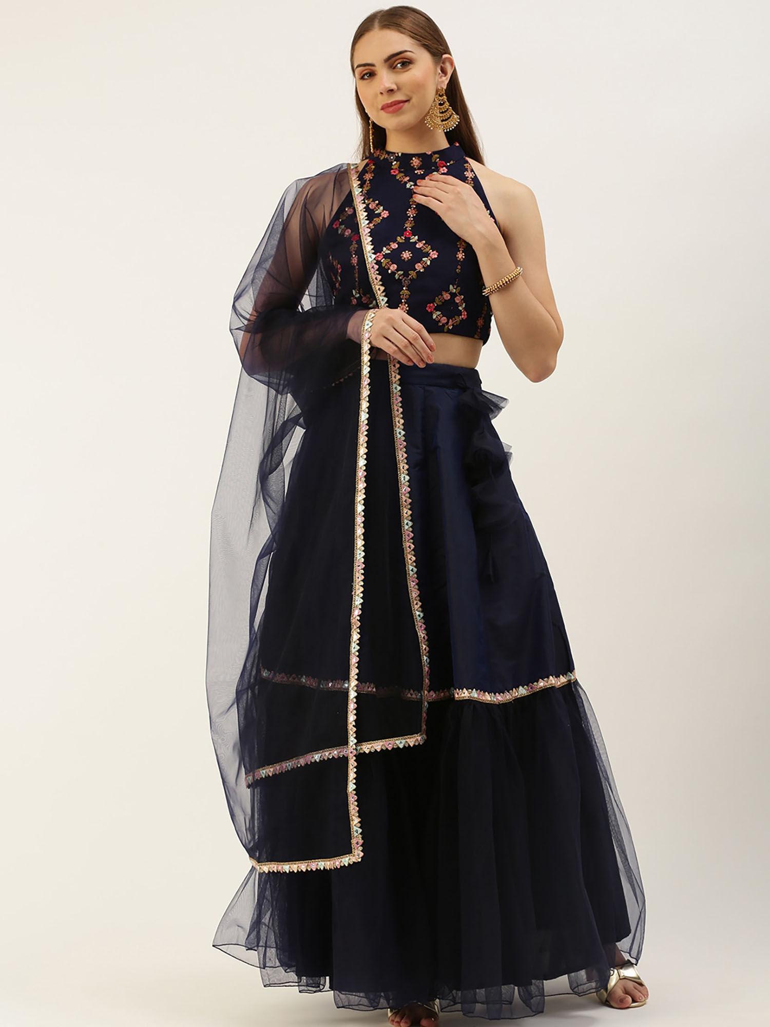 navy blue embroidered blouse lehenga with dupatta (set of 3)