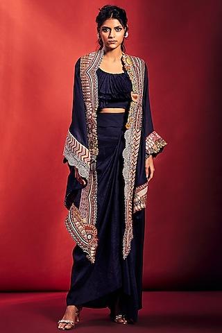 navy blue embroidered cape set