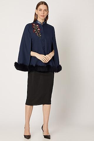navy blue embroidered cape with fur