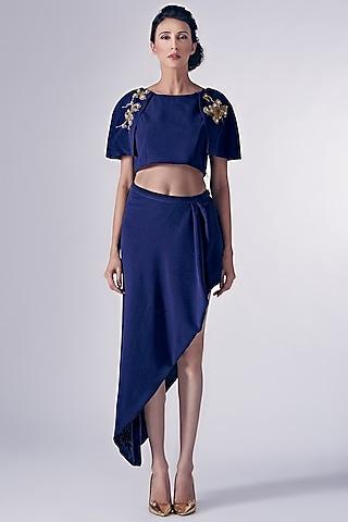 navy blue embroidered crop top with skirt