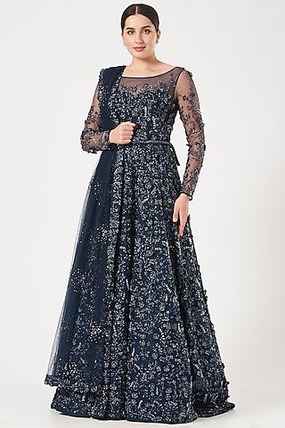 navy blue embroidered gown with dupatta