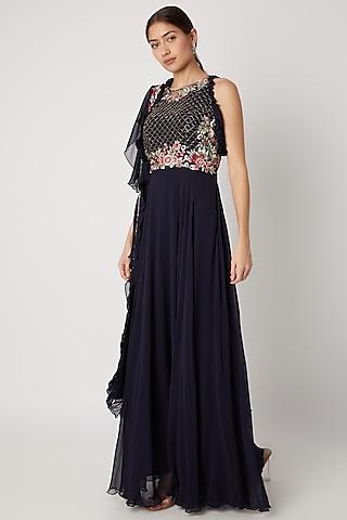 navy blue embroidered gown with ruffled stole