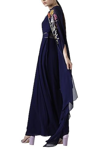 navy blue embroidered jumpsuit with cape