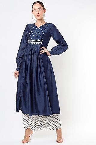 navy blue embroidered kurta set for girls