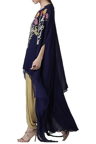navy blue embroidered tunic and cape with gold dhoti pants