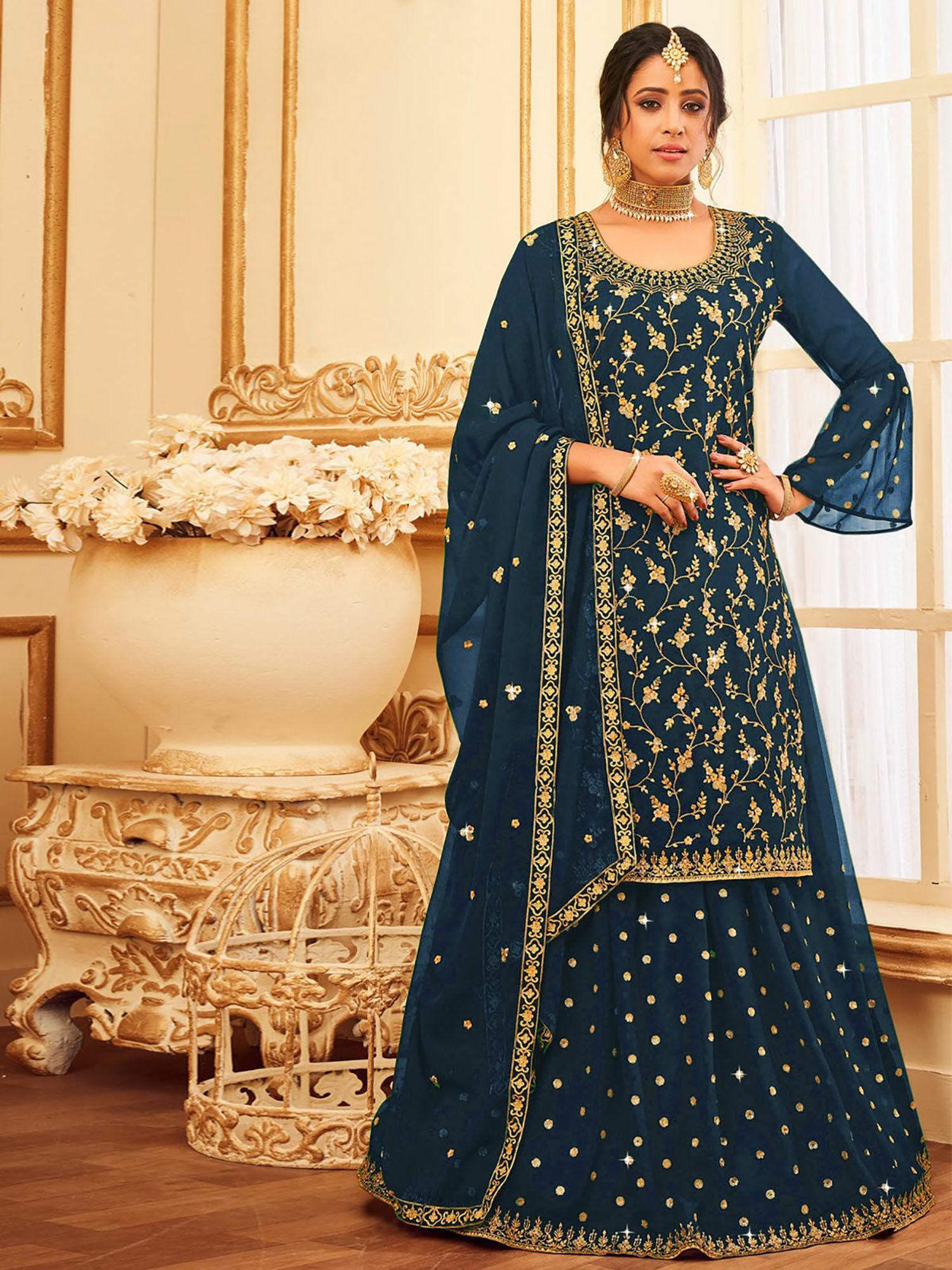 navy blue faux georgette with glitter sequined work semi stitched dress material (set of 3)