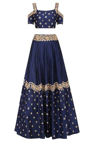 navy blue floral embroidered lehenga and blouse set