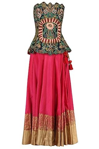 navy blue floral embroidered peplum top and lehenga set