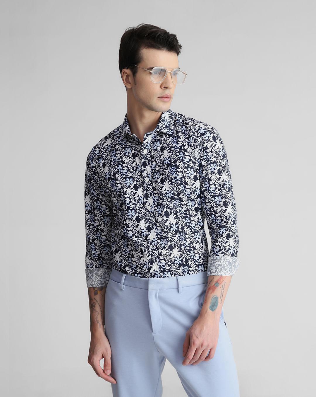 navy blue floral full sleeves shirt