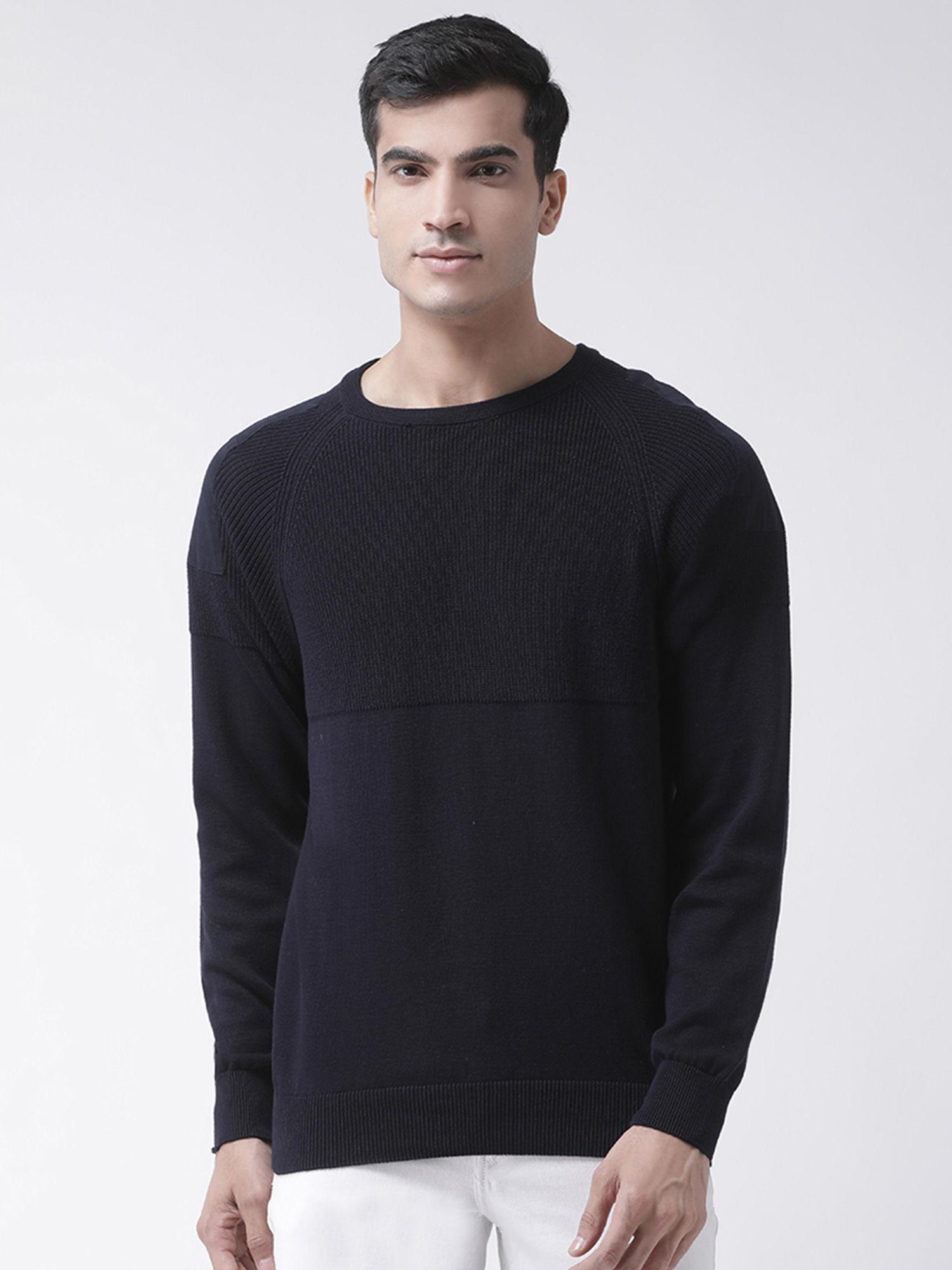 navy blue full sleeve self design round neck sweater