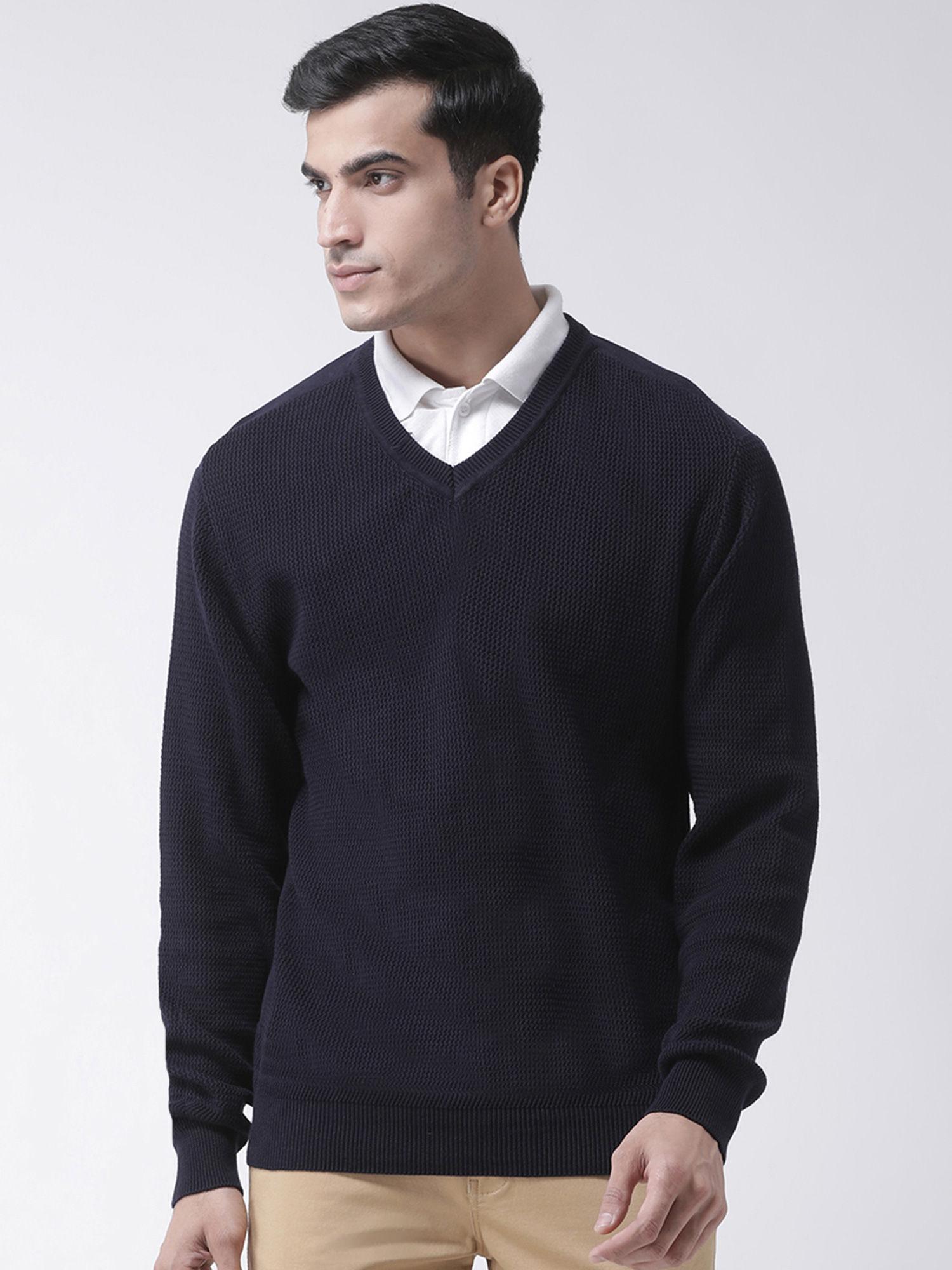 navy blue full sleeve self design v-neck sweater