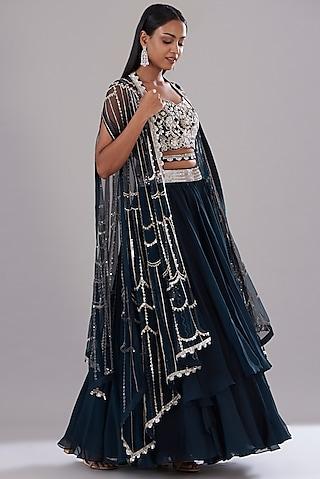 navy blue georgette embroidered cape set