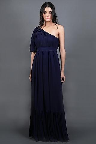 navy blue georgette pleated one-shoulder gown