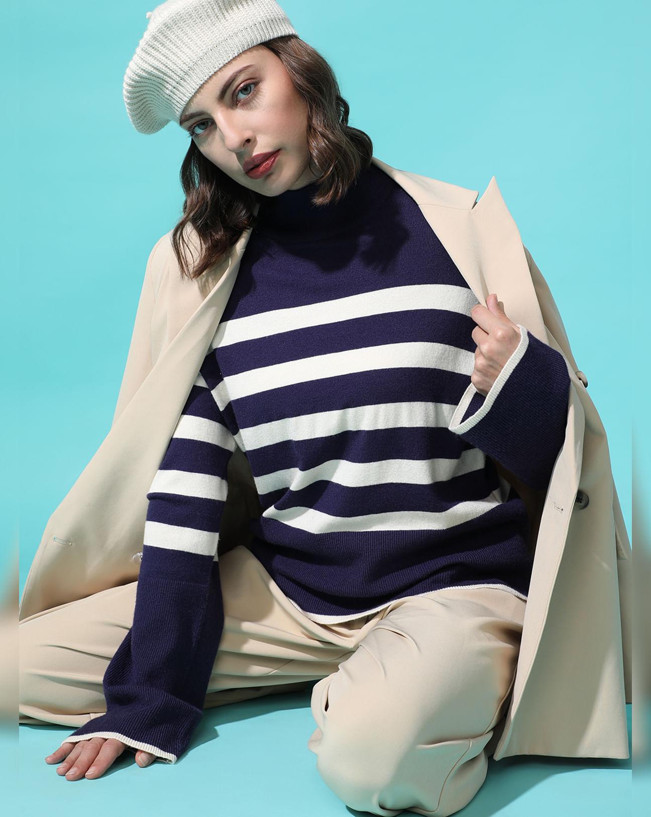 navy blue high neck striped pullover