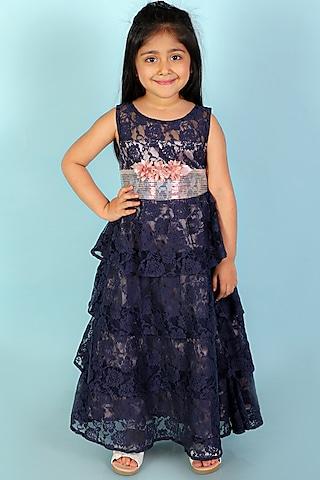 navy blue lace floral printed layered gown for girls for girls