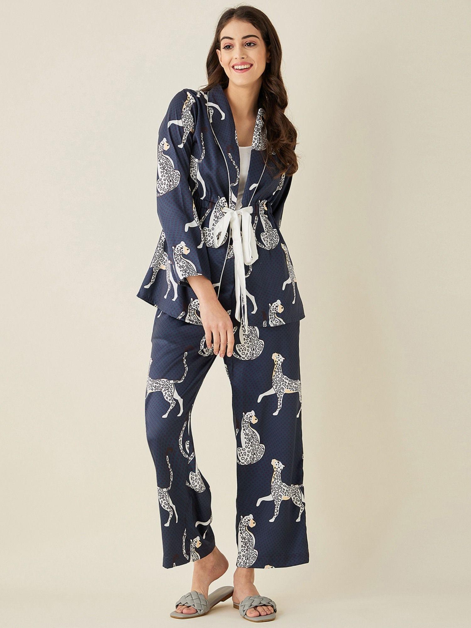 navy blue leopard satin pyjama set