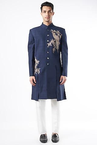 navy blue matka silk sherwani