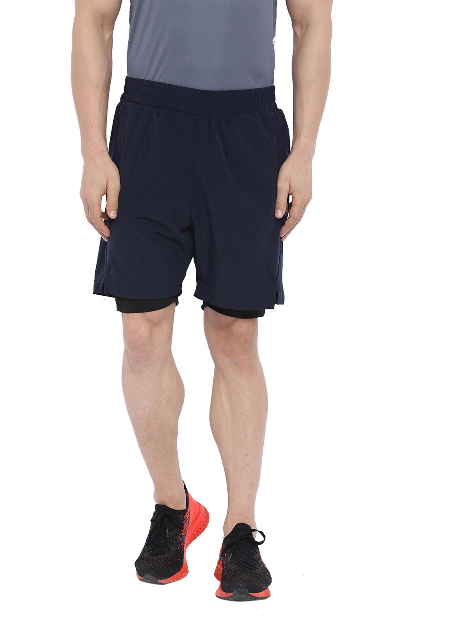 navy blue men double layer gym shorts