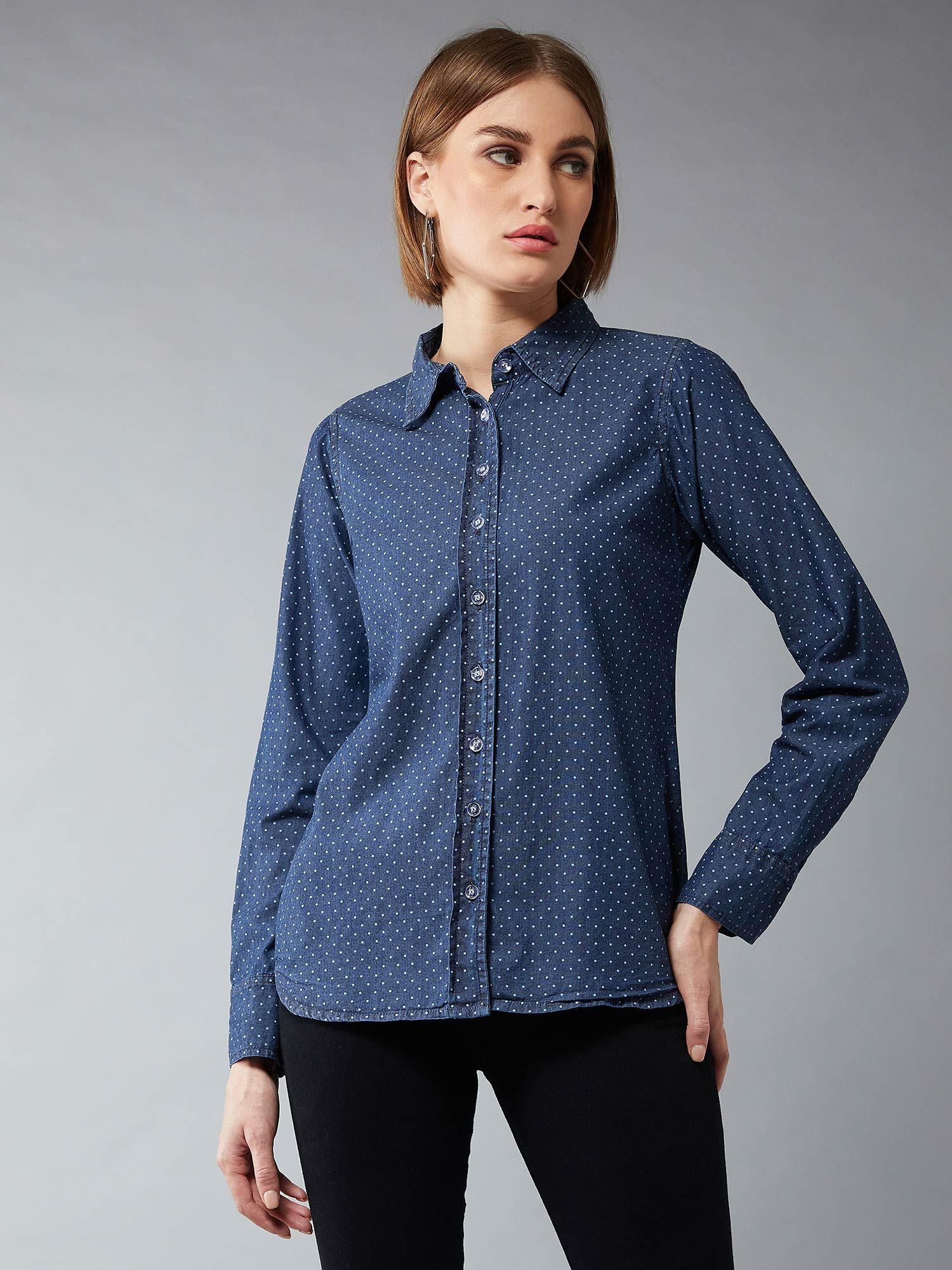 navy blue polka dots shirt