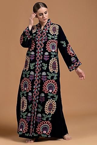 navy blue poly velvet embroidered abaya