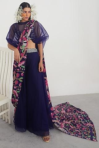 navy blue printed & embellished pant saree set